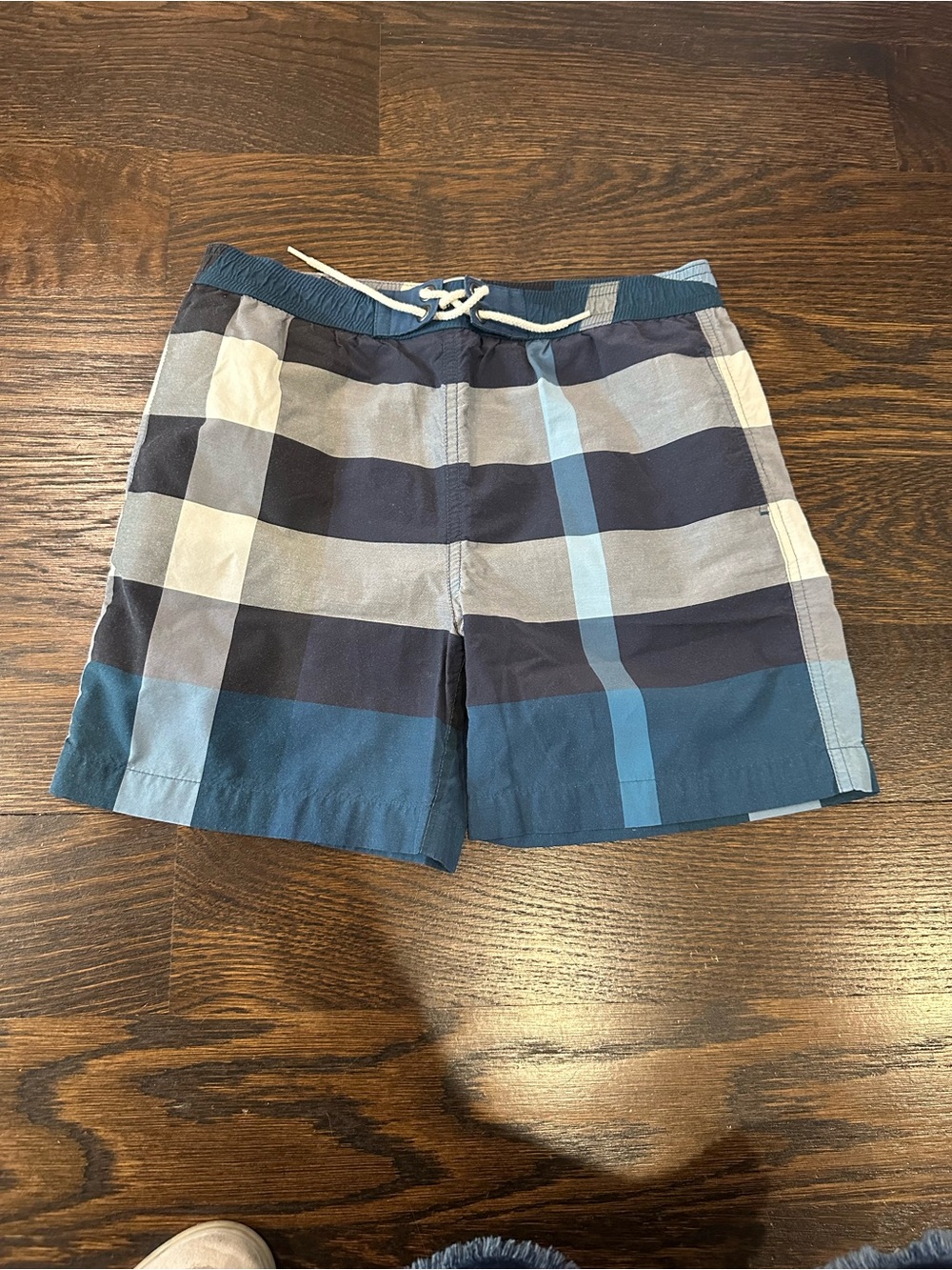 Burberry Boys Blue Plaid Swim Shorts with Drawstring